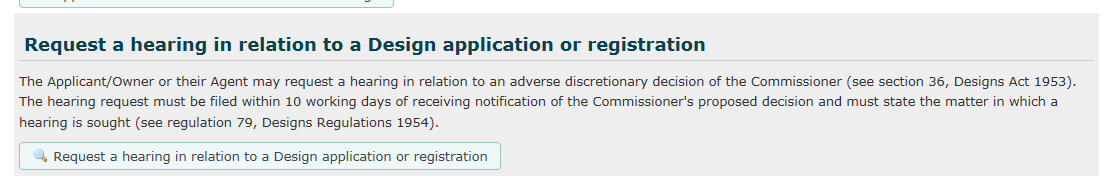 Request a hearing in relation to a Design application or registration