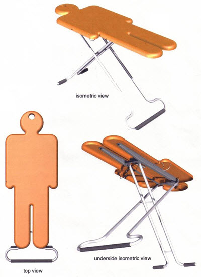 Example representations of the IRON MAN branded ironing board, which show the top view, isometric view, and underside isometric view of the design.