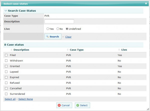 Screenshot of the Search Case Status window