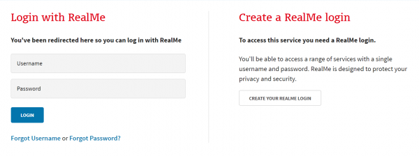 RealMe login screen