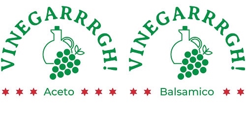 Two logos, one that includes the words ‘Vinegarrrgh!’ and ‘Aceto’, and one that includes the words ‘Vinegarrrgh!’ and ‘Balsamico’